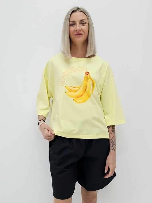 t-shirt damskie Bawełniana bluzka z bananami o luźnym kroju z rękawem 3/4