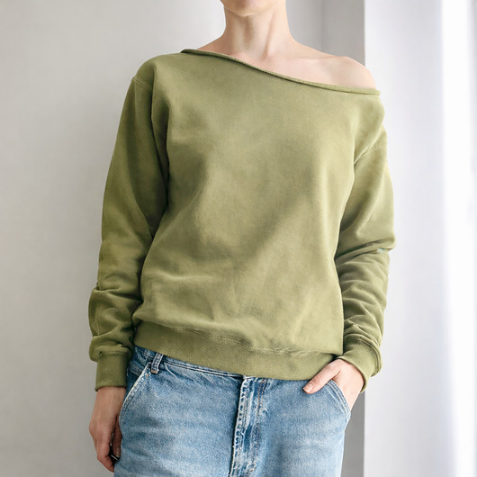 bluza bez kaptura damska Oliwkowa bluza oversize z ciętym dekoltem ze ściągaczami