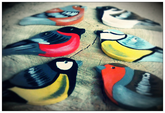 dekoracje świąteczne Ptaszki - komplet 6 drewnianych zawieszek