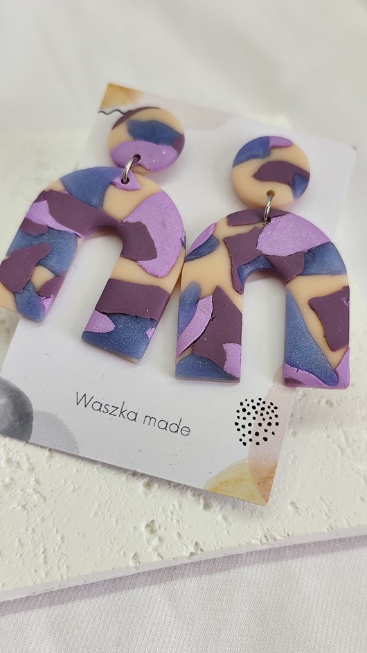 kolczyki z masy plastycznej Kolczyki marmurek wiszące fioletowe