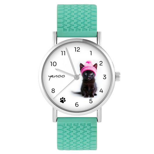 zegarki damskie Zegarek - Czarny kotek - silikonowy, turkus