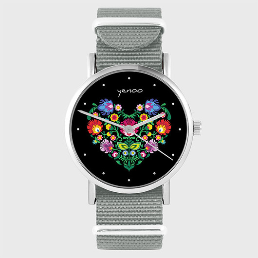 zegarki damskie Zegarek - Serce folk, czarny - szary, nato