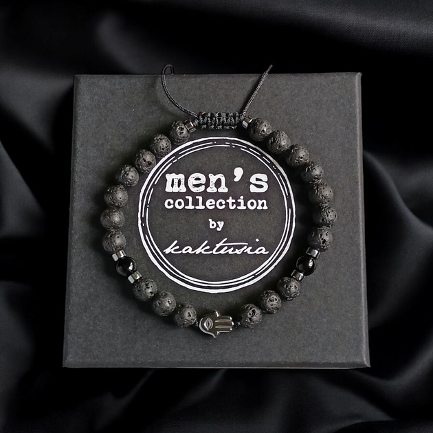 biżuteria męska HAMSA - ochrona : lawa, onyks, hematyt - bransoletka regulowana ONE SIZE