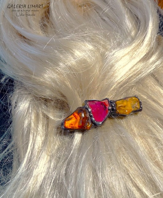 spinki i klamry do włosów Spinka do włosów z surowego bursztynu bałtyckiego i korala PREZENT z klasą