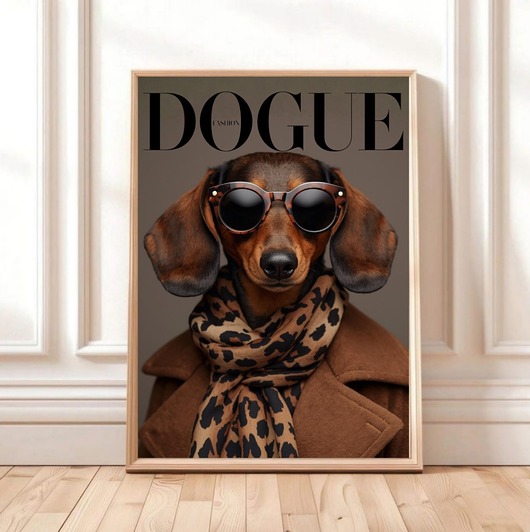grafiki i ilustracje PLAKAT DOGUE jamnik,  portret psa, okładka magazynu modowego