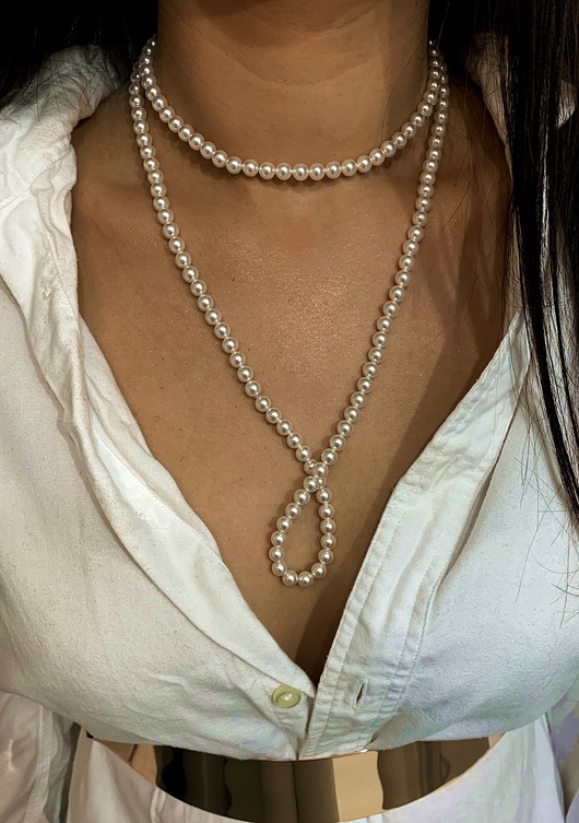 złote naszyjniki Długi sznur z białych pereł SWAROVSKI CRYSTAL