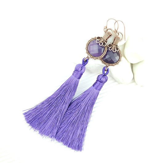 kolczyki wire wrapping Długie kolczyki z ametystem i chwostem