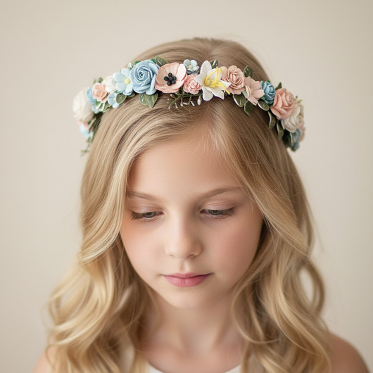 wianki komunijne Delikatny wianek na głowę róż i błękit