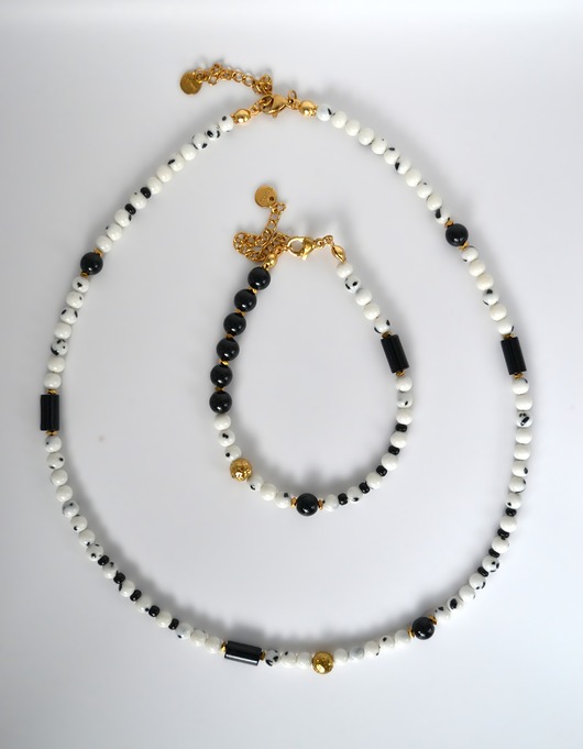 chokery Komplet choker i bransoletka z białego jaspisu dalmatyńskiego