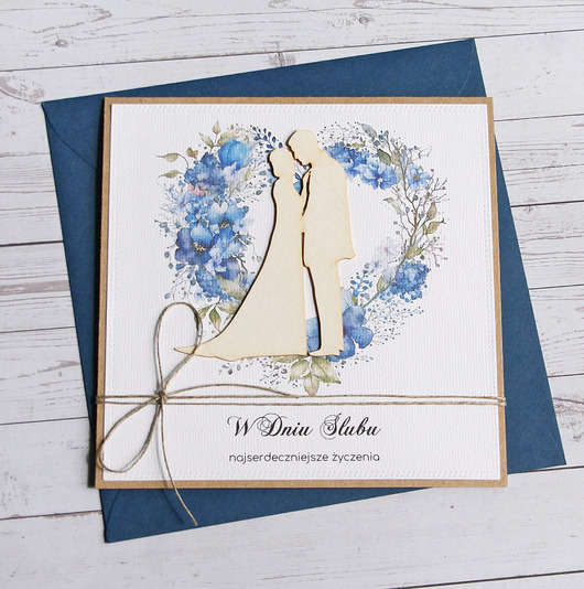 zaproszenia i kartki na ślub Kartka ślubna z życzeniami : niebieska I