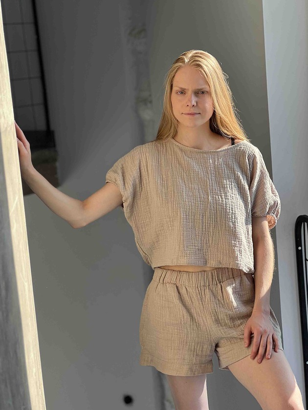 topy damskie Oversizowy Top nietoperz lniany muslin