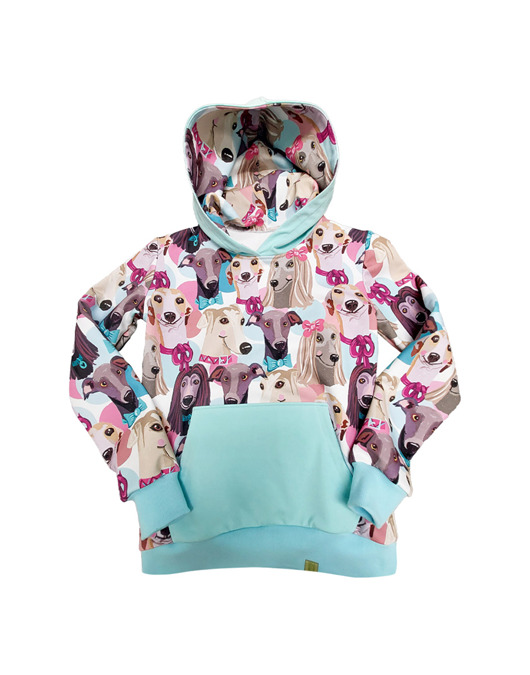 bluza z kapturem damska Bluza damska szalone charty + niebieska  kieszeń kangurka