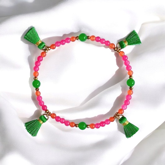 bransoletki z kamieni naturalnych NA NOGĘ : summer fruits : jadeit i chwosty : róż-pomarańcz-zieleń