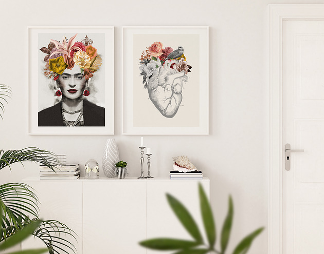 grafiki i ilustracje Dyptyk_ Frida i anatomiczne serce, kwiaty