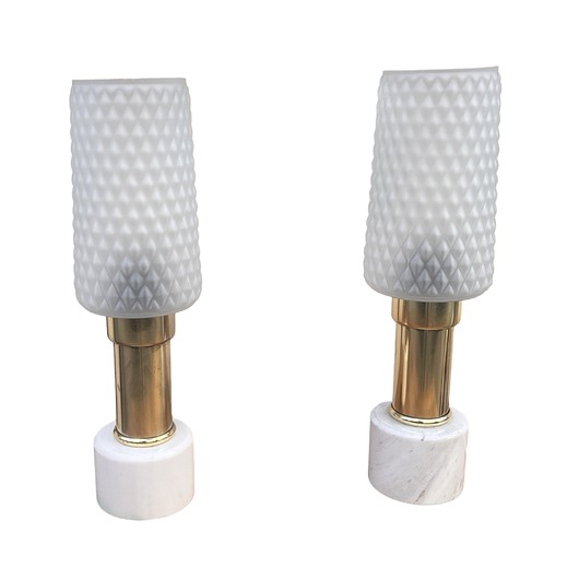 lampy stołowe Para lampek nocnych z marmurową podstawą VEB Narva Lengefeld Niemcy lata 60.