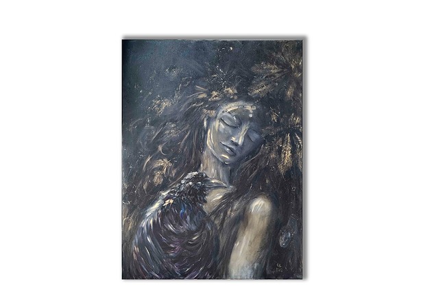 obrazy Obraz olejny ręcznie malowany 60x80cm "Kruk" las czarny