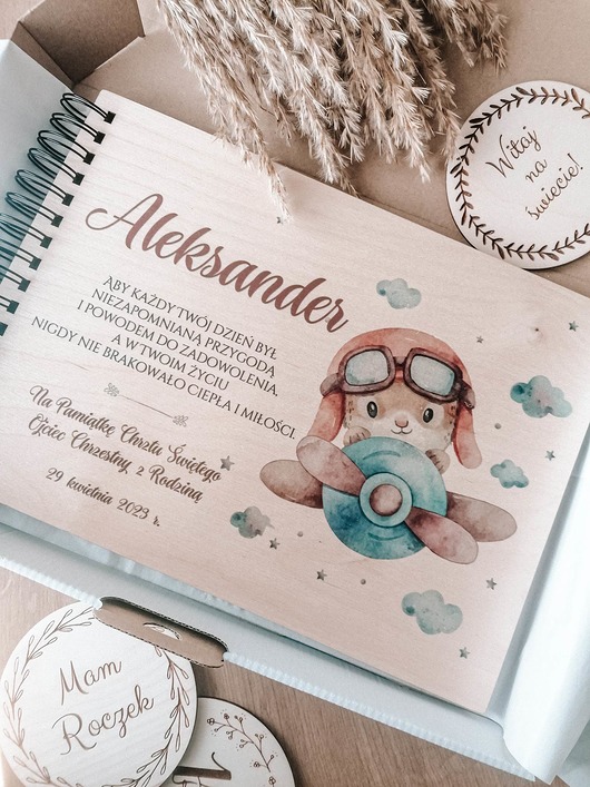 notatniki i albumy KRÓLIK W SAMOLOCIE personalizowany album na chrzest roczek