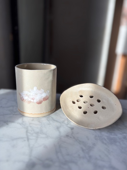 mydelniczki Zestaw Łazienkowy z Owalną Mydelniczką z Odpływem Beżowy z Chmurką