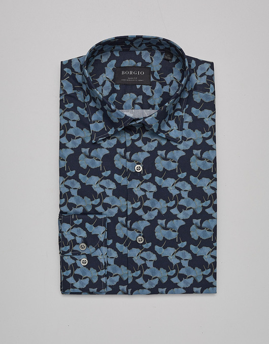 koszule męskie Kwiecista koszula męska granatowa 00361 długi rękaw slim fit 176/182 39