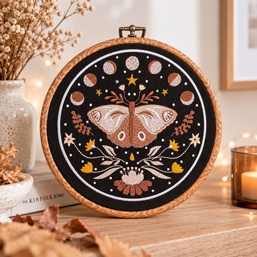 Ozdoby na ścianę Nocna ćma,haft w oprawie ok 20 cm średnicy