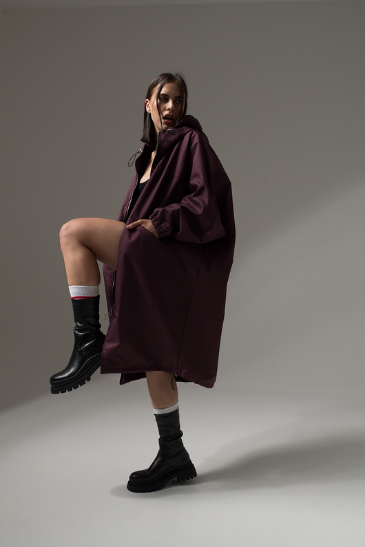 płaszcze damskie Ocieplany płaszcz longline hoodie oversize burgund