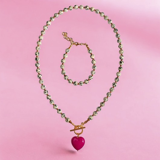 komplet biżuterii RAZEM TANIEJ : jaspis dalmatyński i serce : fuksja : komplet