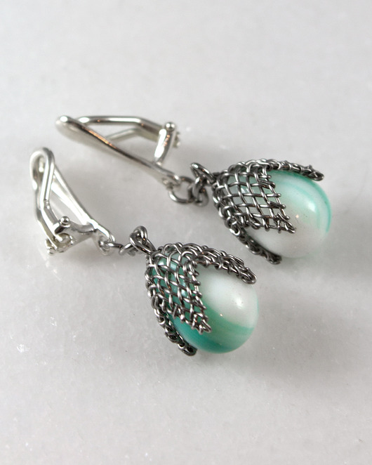 klipsy Miętowe prążki w siateczce - klipsy (lub kolczyki)