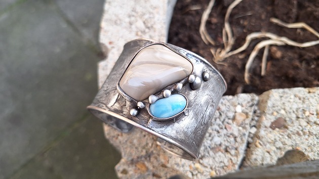 bransoletki wire wrapping Szarość, niebieskość - bransoletka regulowana