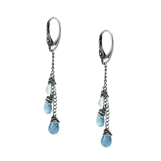 kolczyki srebrne Długie kolczyki z akwamarynami oksydowane srebro 925