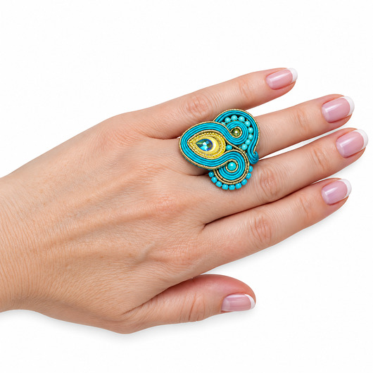 pierścionki - różne Turkusowy pierścionek soutache