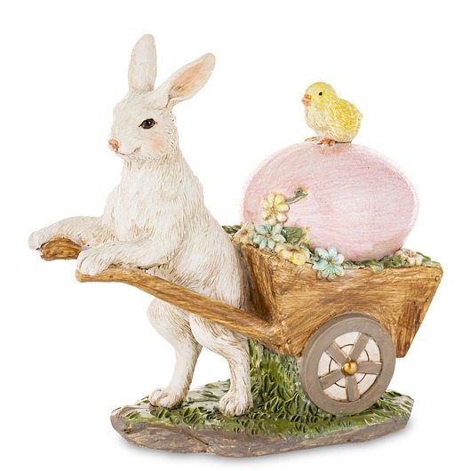 ozdoby wielkanocne Dekoracja - królik z taczką, jajkiem i kurczaczkiem 13x13x6 cm
