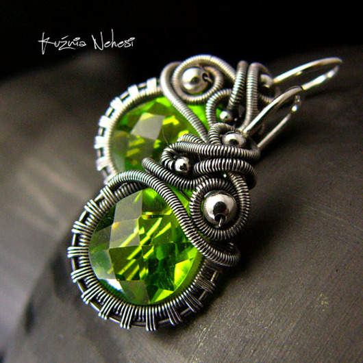 Kolczyki Dragony - Kwarc Green Srebro Kuźnia Nehesi