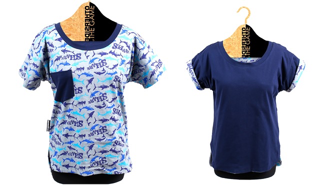 t-shirt damskie Dwustronny t-shirt rekiny kontra granat