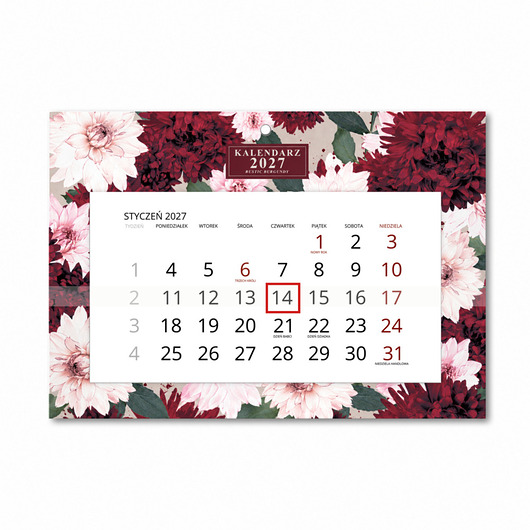 kalendarze i plannery Kalendarz Ścienny Pojedynczy 2027 Rustic Burgundy A4