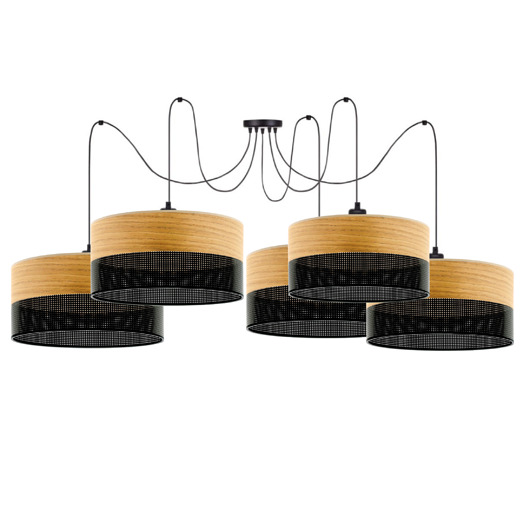 lampy wiszące LAMPA WISZĄCA ŻYRANDOL SPIDER ABAŻUR Z DZIURKAMI DREWNO E27 5x30CM