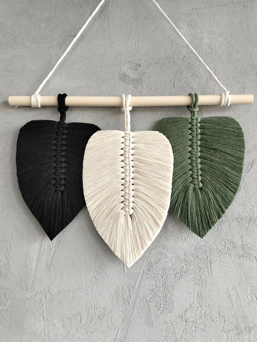 makramy Makrama Liście Modern Loft Ozdoba Nad Biurko Czerń 40x25 cm