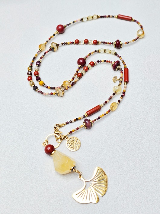 naszyjniki - inne Długi Naszyjnik z Cytrynów i Mokaitów Gingko