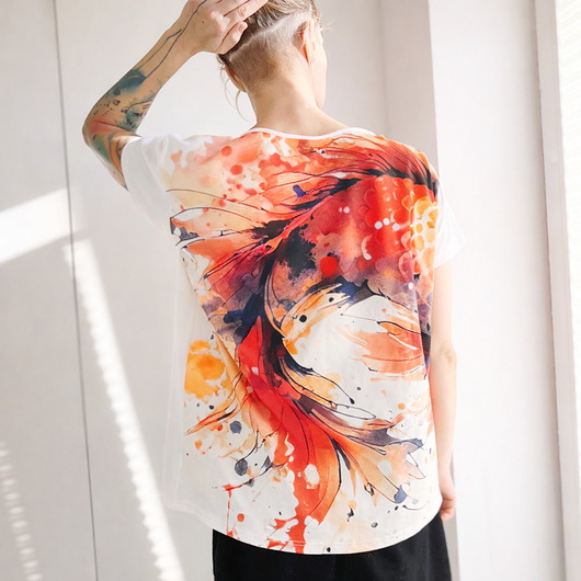 t-shirt damskie Koi pomarańczowy fullprint Biały Oversize