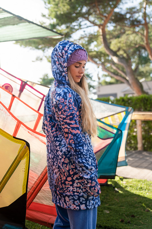 bluza z kapturem damska Zipper Long Blue Panther