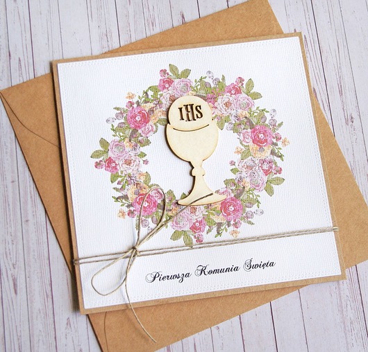 kartki na komunię Kartka z życzeniami : I Komunia Święta : wianek różowy : hostia