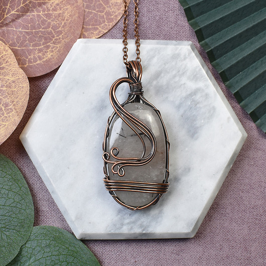 wisiory Miedziany wisiorek wire wrapping z kwarcem z rutylem #228