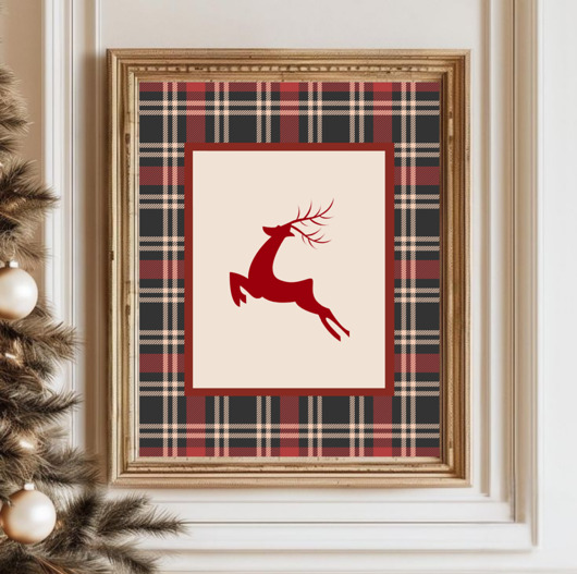 plakaty PLAKAT świąteczny jeleń vintage grafika krata