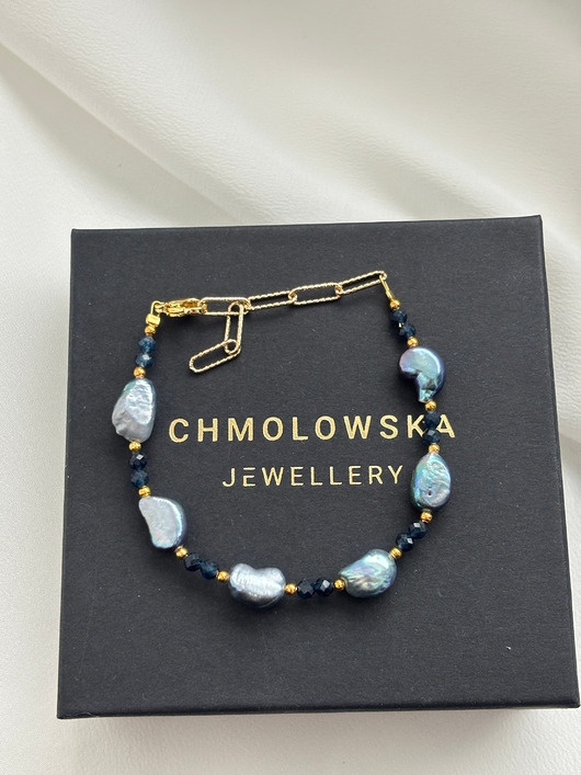 bransoletki złote Bransoletka  Perły Granatowe i Szafir