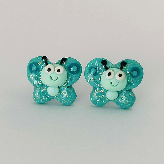 kolczyki z masy plastycznej Brokatowe Turkusowe Kolczyki Motylki