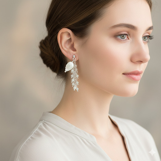 kolczyki z kamieniami Kamień księżycowy, srebro 925, białe kolczyki, gronka, listek, RĘKODZIEŁO