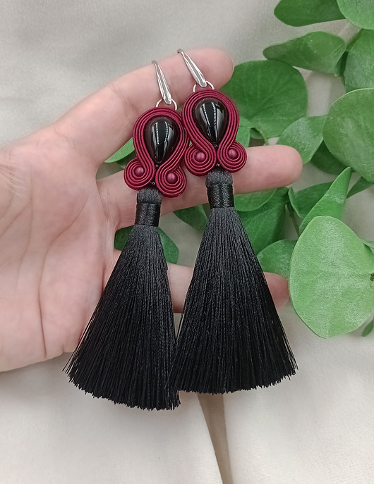kolczyki soutache Kolczyki bordowe czarne z onyksami chwosty, sutasz