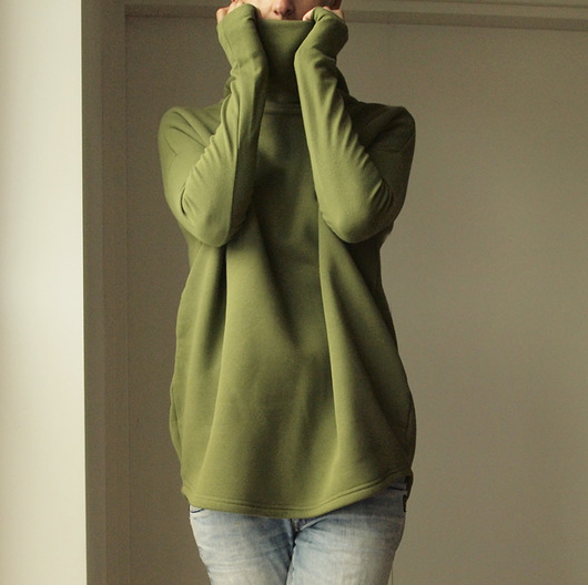 bluza bez kaptura damska Wąski rękaw Golf Oliwka