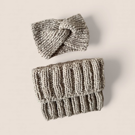 czapki damskie Komplet opaska i komin beżowy 100% naturalny skład