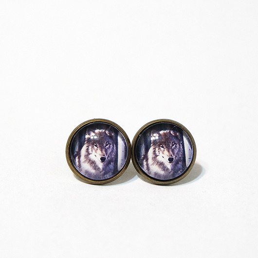 kolczyki szklane Kolczyki - Szary wilk - sztyfty, małe