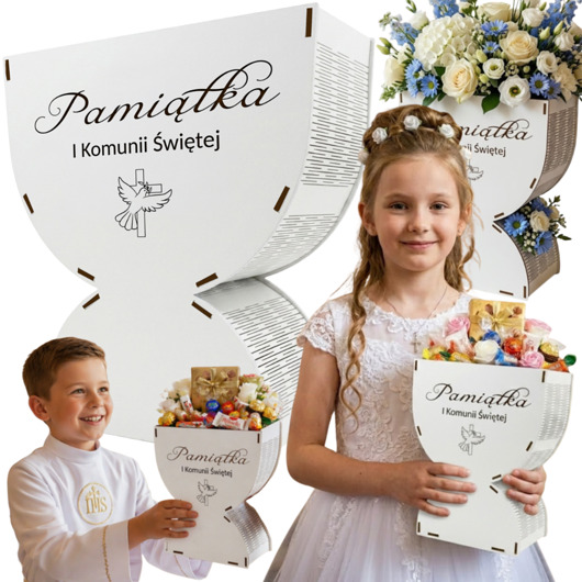 komunia - pozostałe Prezent Pamiątka na Komunię Pudełko Box Kosz na Słodycze Kwiaty Kielich IHS
